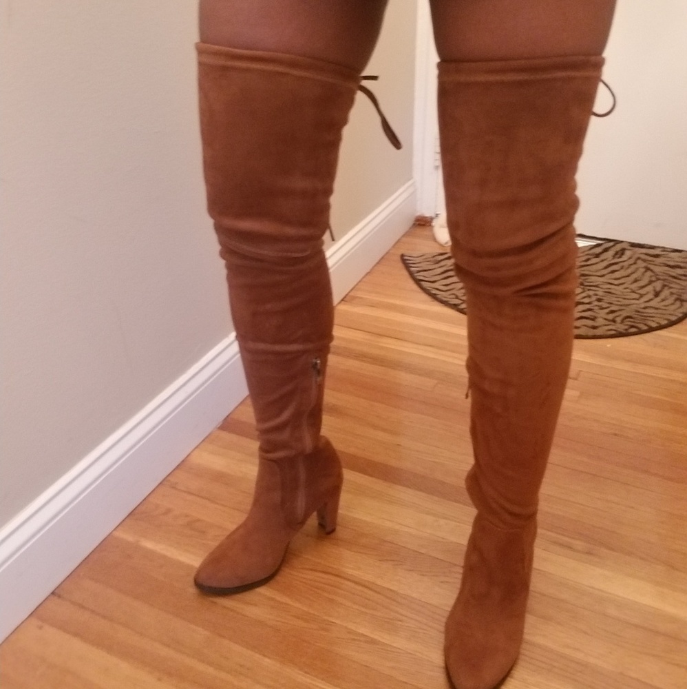 Tan Over-the-knee Heeled Faux Suede Tall Boots